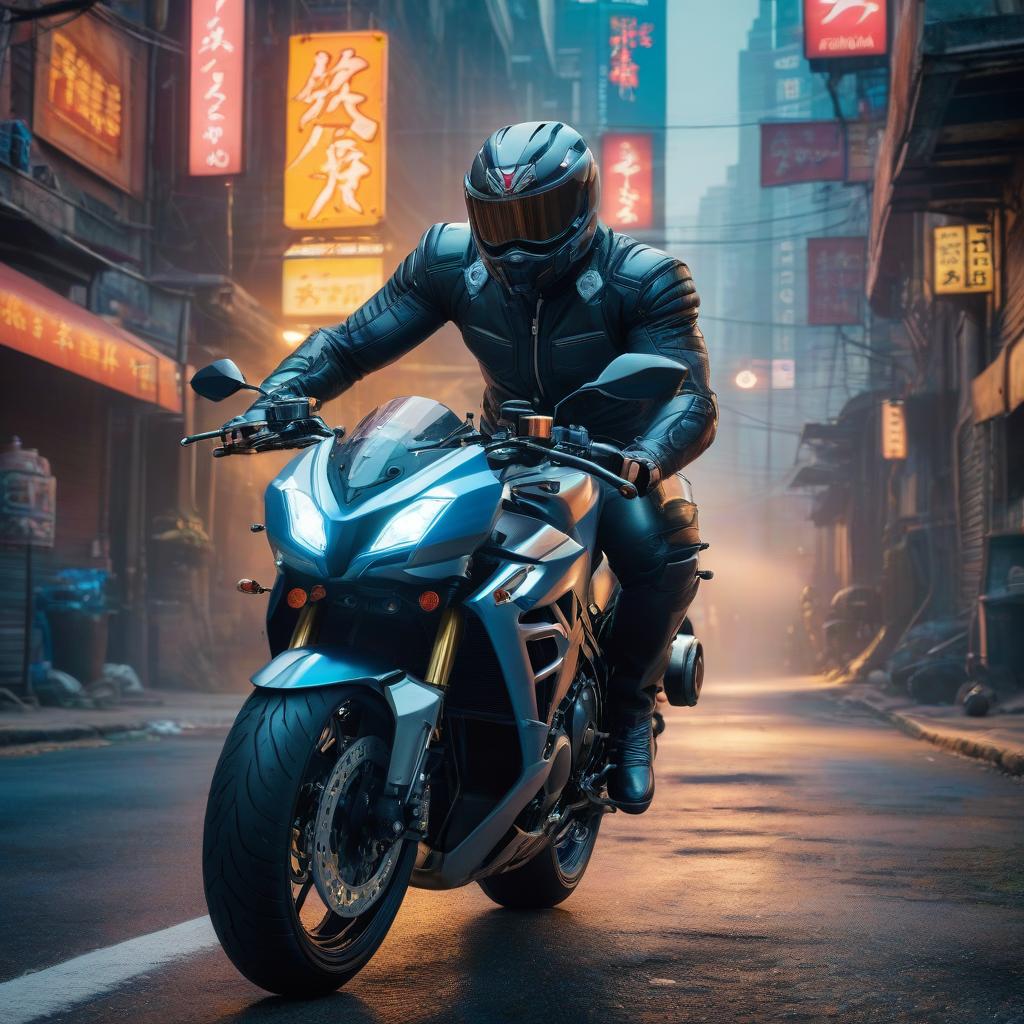  Street Fighter style Cyberpunk, surrealism, Suzuki motorcycle rushing down the road between canyons, high quality. . vibrant, dynamic, arcade, 2D fighting game, highly detailed, reminiscent of Street Fighter series hyperrealistic, full body, detailed clothing, highly detailed, cinematic lighting, stunningly beautiful, intricate, sharp focus, f/1. 8, 85mm, (centered image composition), (professionally color graded), ((bright soft diffused light)), volumetric fog, trending on instagram, trending on tumblr, HDR 4K, 8K