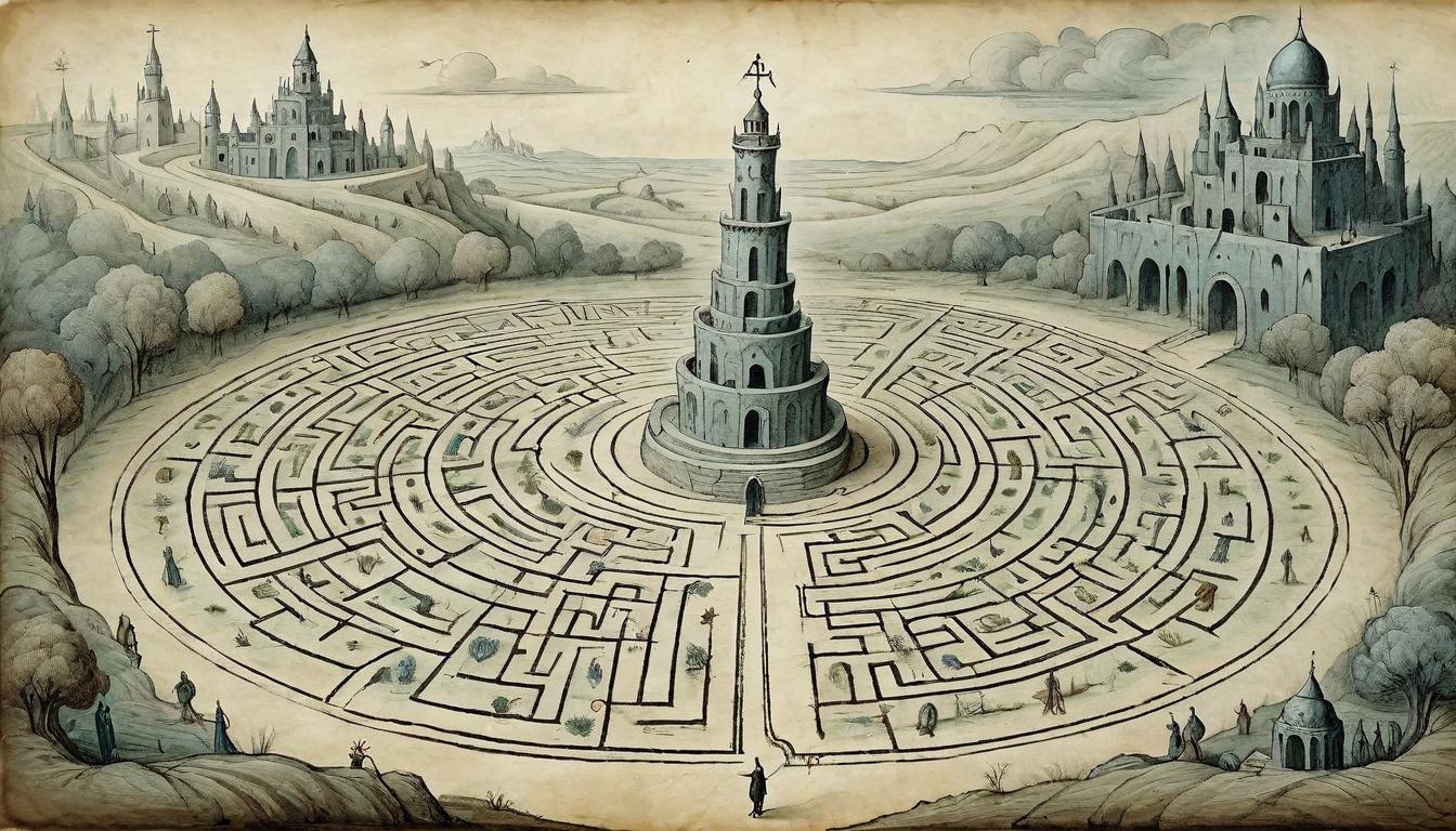  on parchment, surrealism+++, Figure standing atop a labyrinth, clear paths highlighted, intricate design, commanding, strategic(mysterious, provocative, symbolic,muted color)+++