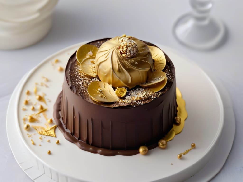  An ultradetailed closeup image of a decadent truffleinfused chocolate truffle, delicately coated in a thin layer of edible gold leaf, set against a stark white backdrop. The chocolate truffle is perfectly round, with intricate swirls on its surface, reflecting the luxurious and innovative use of truffle oil in sweet treats. The gold leaf shimmers under a soft light, highlighting the richness and elegance of the dessert. hyperrealistic, full body, detailed clothing, highly detailed, cinematic lighting, stunningly beautiful, intricate, sharp focus, f/1. 8, 85mm, (centered image composition), (professionally color graded), ((bright soft diffused light)), volumetric fog, trending on instagram, trending on tumblr, HDR 4K, 8K