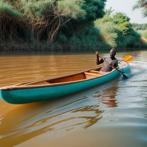  an African man paddling boat inside river