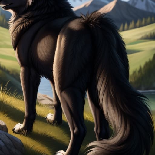  Male wolf, feral wolf, black body, black fur, butt focus, large balls, large sheath, open eyes, digital art, masterpiece, 4k, fine details,