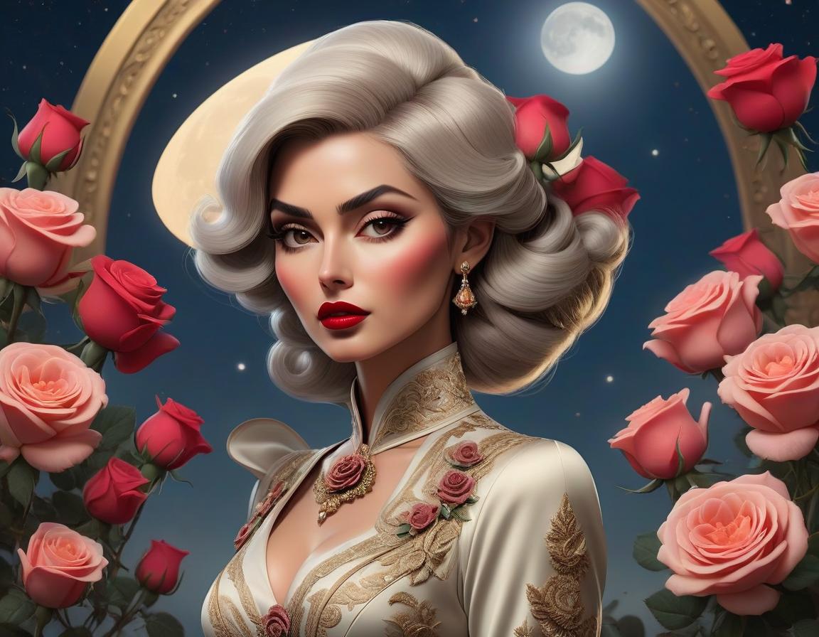  concept art An elaborate digital artwork of a woman in vintage attire with roses and a lunar backdrop. . digital artwork, illustrative, painterly, matte painting, highly detailed hyperrealistic, full body, detailed clothing, highly detailed, cinematic lighting, stunningly beautiful, intricate, sharp focus, f/1. 8, 85mm, (centered image composition), (professionally color graded), ((bright soft diffused light)), volumetric fog, trending on instagram, trending on tumblr, HDR 4K, 8K