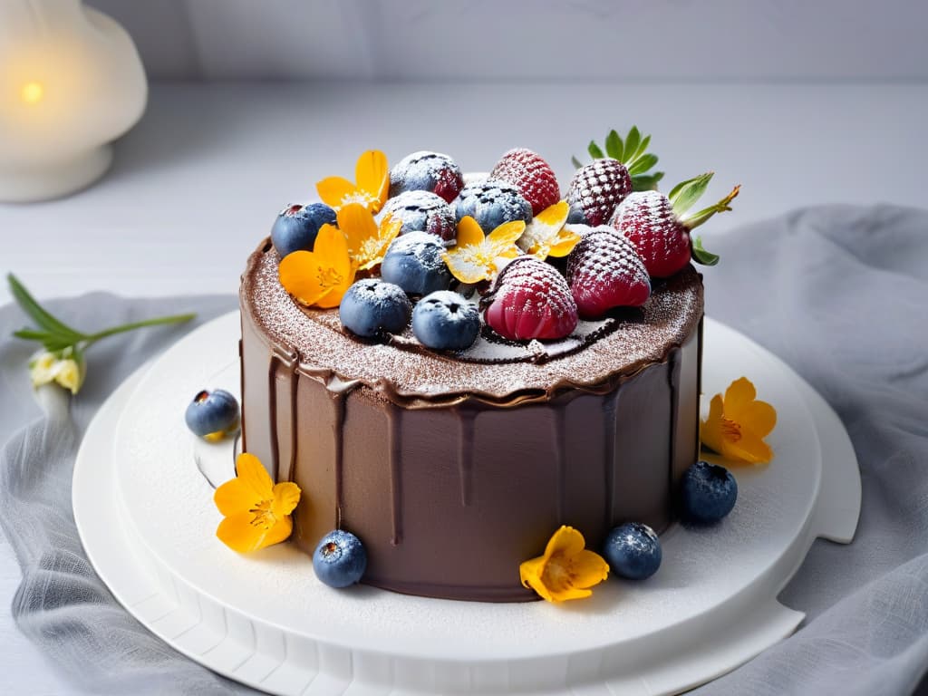  A minimalist, ultradetailed image of a beautifully arranged vegan chocolate cake topped with fresh berries and edible flowers, set on a sleek white plate against a soft grey background. hyperrealistic, full body, detailed clothing, highly detailed, cinematic lighting, stunningly beautiful, intricate, sharp focus, f/1. 8, 85mm, (centered image composition), (professionally color graded), ((bright soft diffused light)), volumetric fog, trending on instagram, trending on tumblr, HDR 4K, 8K