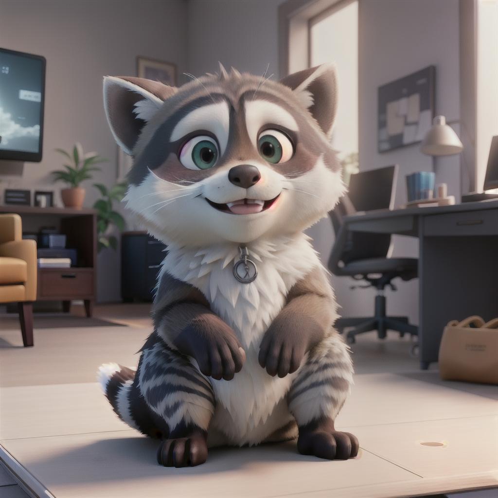  raccoon sitting in gaming chair front a computer on desktop, ((semi anthropomorphic)),(full body), tail, belly, sitting, fat, (chubby), (((white background))), solo, desktop, gaming chair, side view,  [[[clothes]]] hyperrealistic, full body, detailed clothing, highly detailed, cinematic lighting, stunningly beautiful, intricate, sharp focus, f/1. 8, 85mm, (centered image composition), (professionally color graded), ((bright soft diffused light)), volumetric fog, trending on instagram, trending on tumblr, HDR 4K, 8K