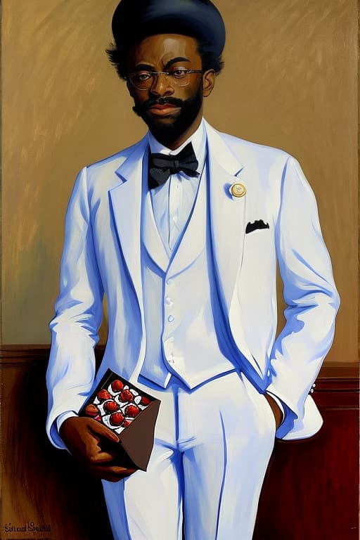  Harlem Sanders wearing a white suit with bow tie holding a box of fine chocolates. Painted in the style of Édouard Manet