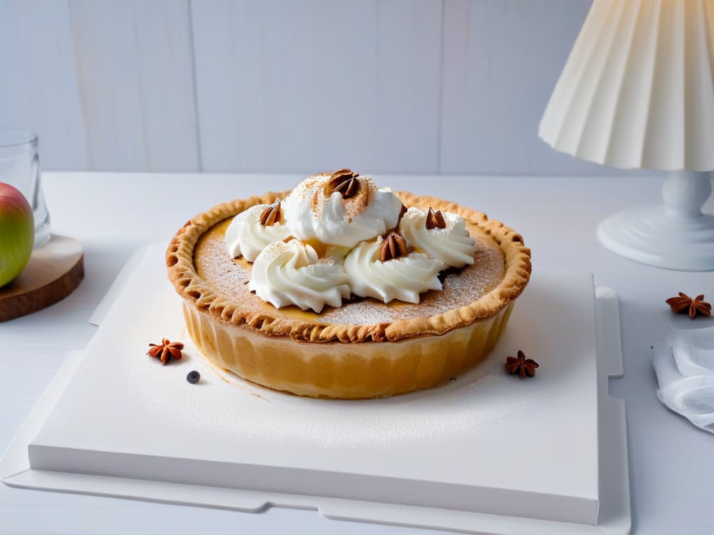  A closeup, ultradetailed image of a freshly baked apple pie with a goldenbrown crust, topped with a dollop of whipped cream and a sprinkle of cinnamon, set on a sleek, modern white plate against a clean, minimalist background. hyperrealistic, full body, detailed clothing, highly detailed, cinematic lighting, stunningly beautiful, intricate, sharp focus, f/1. 8, 85mm, (centered image composition), (professionally color graded), ((bright soft diffused light)), volumetric fog, trending on instagram, trending on tumblr, HDR 4K, 8K