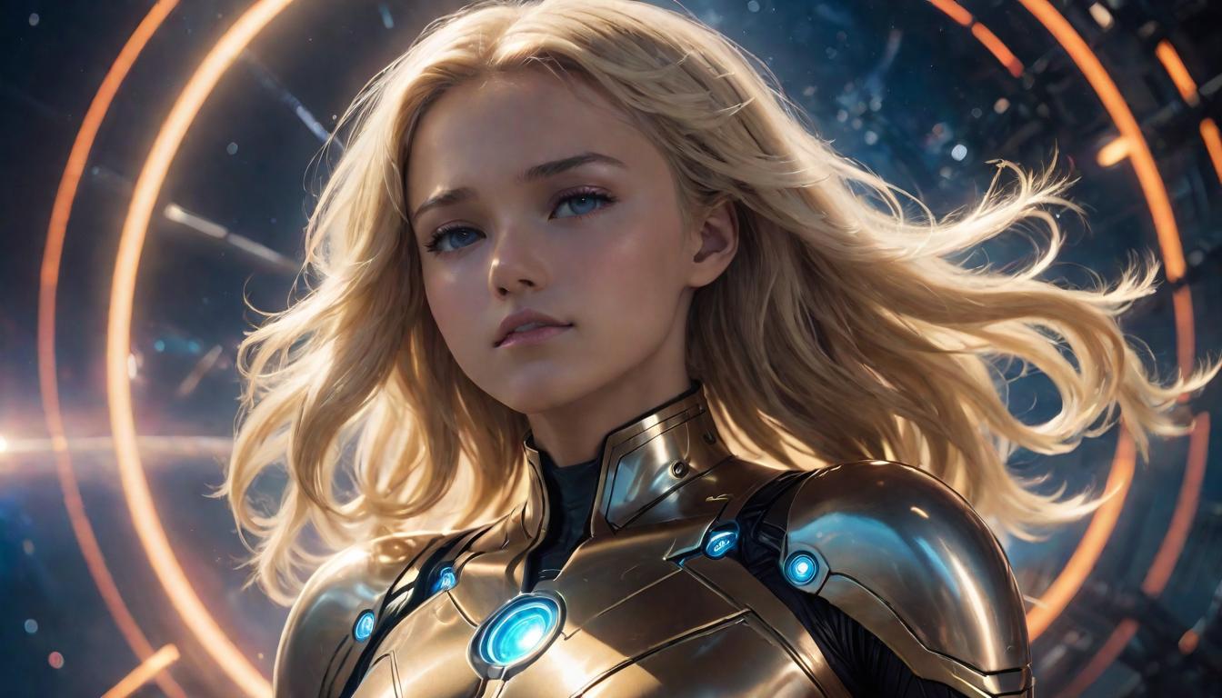  1girl, large busted attractive blonde arian female humanoid, eyes closed, surrounded by celestial light and gentle cosmic energy, theme of openness and receptivity, high tech clothing clad in sleek, futuristic costume with metallic accents and form fitting designs, marvel superhero comics style, unreal engine rendering