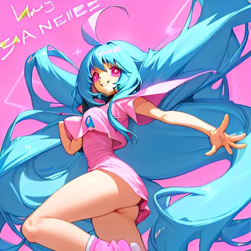  amine with long hair pink eyes huge es and big she's wearing a blue and smiling