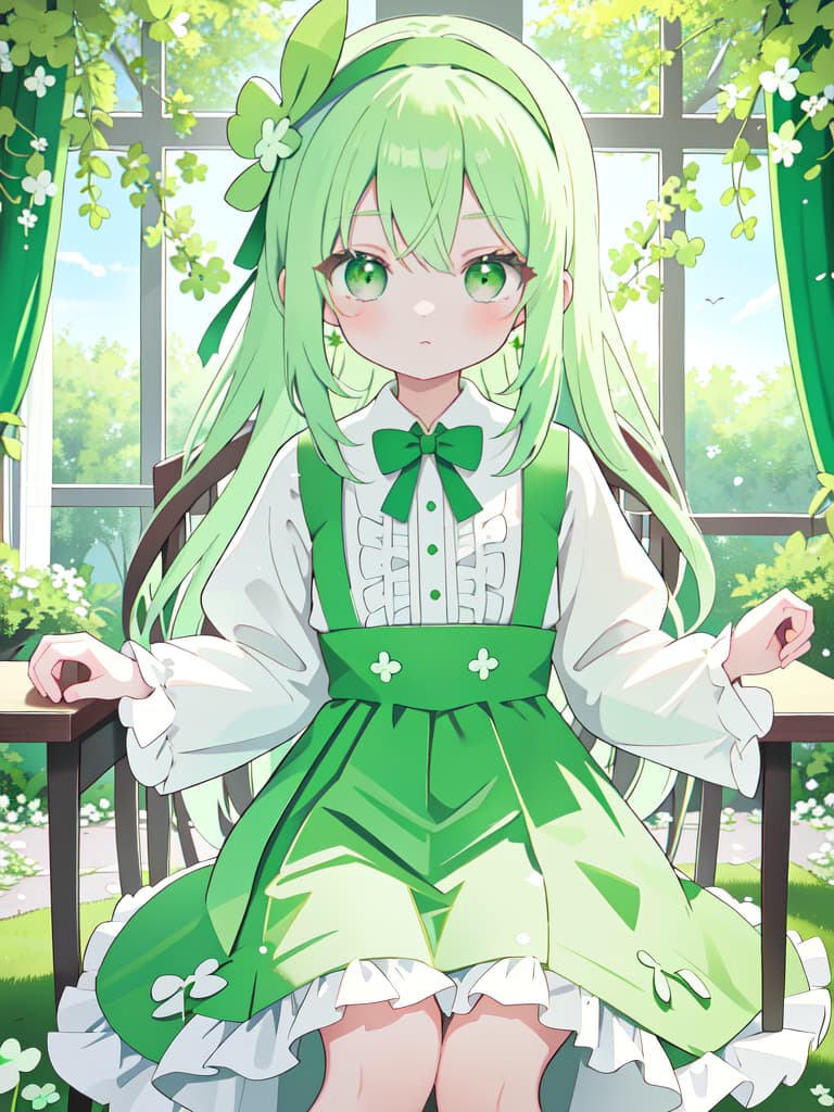  Green Hair, Green Eye, Light Green, clothes are dresses, Skirt, Clover, White Headband, Hikari, Long Hair, sitting, chairs, masterpiece, best quality,8k,ultra detailed,high resolution,an extremely delicate and beautiful,hyper detail