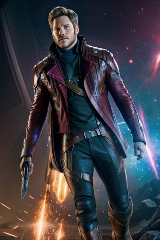  Guardians of the Galaxy, Star Lord hyperrealistic, full body, detailed clothing, highly detailed, cinematic lighting, stunningly beautiful, intricate, sharp focus, f/1. 8, 85mm, (centered image composition), (professionally color graded), ((bright soft diffused light)), volumetric fog, trending on instagram, trending on tumblr, HDR 4K, 8K