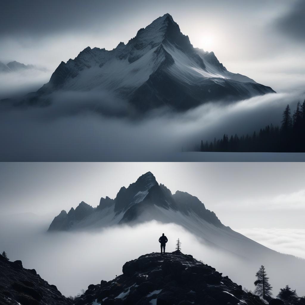  silhouette style Icon of the mountain . high contrast, minimalistic, black and white, stark, dramatic hyperrealistic, full body, detailed clothing, highly detailed, cinematic lighting, stunningly beautiful, intricate, sharp focus, f/1. 8, 85mm, (centered image composition), (professionally color graded), ((bright soft diffused light)), volumetric fog, trending on instagram, trending on tumblr, HDR 4K, 8K