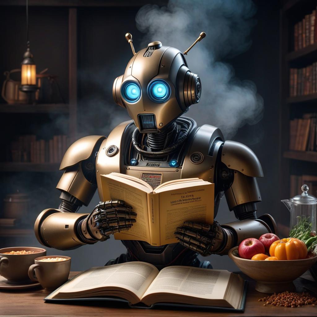  Photo of a dear robot with a big cookbook. hyperrealistic, full body, detailed clothing, highly detailed, cinematic lighting, stunningly beautiful, intricate, sharp focus, f/1. 8, 85mm, (centered image composition), (professionally color graded), ((bright soft diffused light)), volumetric fog, trending on instagram, trending on tumblr, HDR 4K, 8K