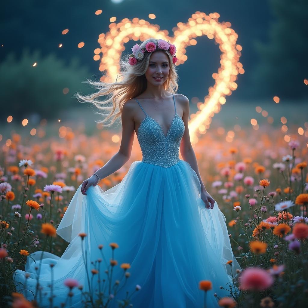  good quality, high quality, a woman in a beautiful blue gown is standing in a field of flowers. she is surrounded by sparkling lights, and there is a large heart shape made of light in the background. the woman is looking out at the viewer with a smile. the flowers are all different colors and shapes, and they are arranged in a beautiful way. the image is very romantic and whimsical. the woman is wearing a crown of flowers in her hair. she looks like she is dancing. there are glowing tendrils of light following the woman as she walks. the light trail follows her dress, and has a flowing, elegant quality to it. the image is meant to evoke a sense of wonder and magic.