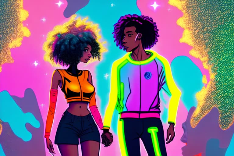  A lightskinned male with short Dark hair, with a shorter lightskinned female with long Dark pink hair, in love, Holding hands, talking a walk in cyberspace, neon yellow stars, neon orange and neon blue planets