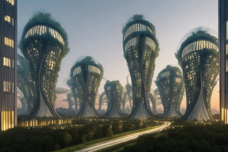  a post-modern elven forest city at dusk