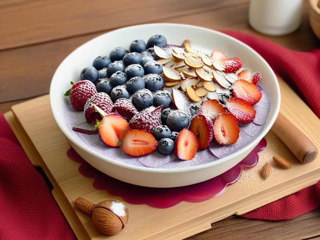  An ultradetailed photorealistic image of a vibrant açaí bowl topped with fresh berries, sliced almonds, coconut flakes, and a drizzle of honey, placed on a rustic wooden table with soft natural lighting filtering through a nearby window, highlighting the textures and colors of the ingredients. hyperrealistic, full body, detailed clothing, highly detailed, cinematic lighting, stunningly beautiful, intricate, sharp focus, f/1. 8, 85mm, (centered image composition), (professionally color graded), ((bright soft diffused light)), volumetric fog, trending on instagram, trending on tumblr, HDR 4K, 8K