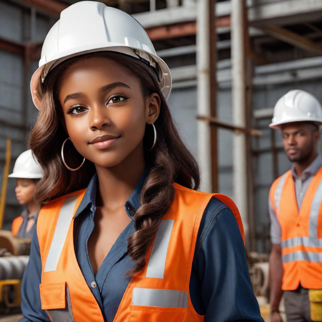  A realistic cartoon image of a 10-year-old little girl of African American descent portraying to be an engineer. She should have features reflecting her heritage such as medium to dark brown skin, curly hair, and dark eyes. She is wearing a work uniform suitable for an engineer, possibly including a hard hat, safety vest, and boots. The background should feature elements of her work, such as blueprints, machinery, or construction sites, but the focus should be on the girl and her attire. Maintain the same realistic cartoon drawing style. hyperrealistic, full body, detailed clothing, highly detailed, cinematic lighting, stunningly beautiful, intricate, sharp focus, f/1. 8, 85mm, (centered image composition), (professionally color graded), ((bright soft diffused light)), volumetric fog, trending on instagram, trending on tumblr, HDR 4K, 8K