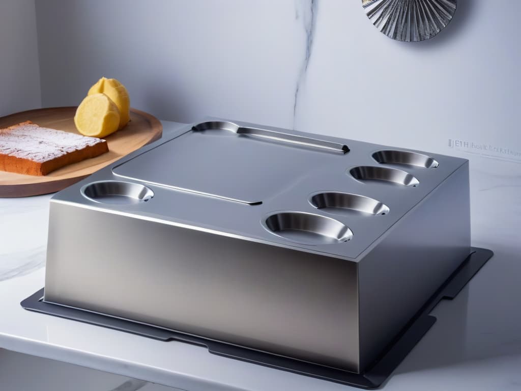  A sleek, minimalistic image featuring an array of highend, glossy stainless steel baking molds arranged elegantly on a marble countertop. The light reflects off the smooth surfaces, creating a luxurious and professional aesthetic. Each mold is precisely crafted, showcasing intricate details and impeccable quality, embodying the essence of toptier baking equipment for confectionery perfection. hyperrealistic, full body, detailed clothing, highly detailed, cinematic lighting, stunningly beautiful, intricate, sharp focus, f/1. 8, 85mm, (centered image composition), (professionally color graded), ((bright soft diffused light)), volumetric fog, trending on instagram, trending on tumblr, HDR 4K, 8K