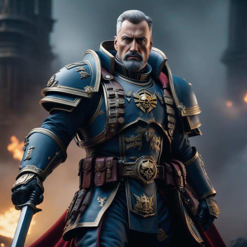  Lord Captain Konstantin Valdor in the style of Warhammer 40,000. hyperrealistic, full body, detailed clothing, highly detailed, cinematic lighting, stunningly beautiful, intricate, sharp focus, f/1. 8, 85mm, (centered image composition), (professionally color graded), ((bright soft diffused light)), volumetric fog, trending on instagram, trending on tumblr, HDR 4K, 8K