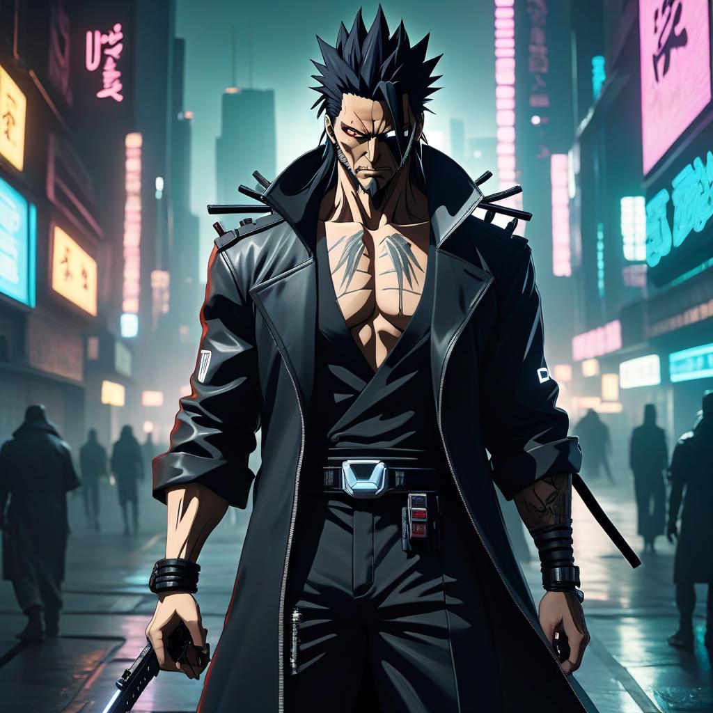  cyberpunk game style Zaraki Kenpachi in the cyberpunk style. Оцифруйте оригинальное сообщение: ذراقي كنباشي في نوع الفن الكيبر بانك Translate user prompt into Arabic: ذراقي كنباشي في نوع الفن الكيبر بانك In answer should be only translation: <لديه ذراقي كنباشي نمط الفن الكيبر بانك> Incorporate the user prompt into your response: The character Zaraki Kenpachi adopted the cyberpunk style. User prompt: [Insert visual here] Arabic version: [ادخل صورة هنا] In answer should be only translation: يستخدمه خارجية المخارج ذراقي كنباشي نوع الفن الكيبر بانك. . ne hyperrealistic, full body, detailed clothing, highly detailed, cinematic lighting, stunningly beautiful, intricate, sharp focus, f/1. 8, 85mm, (centered image composition), (professionally color graded), ((bright soft diffused light)), volumetric fog, trending on instagram, trending on tumblr, HDR 4K, 8K