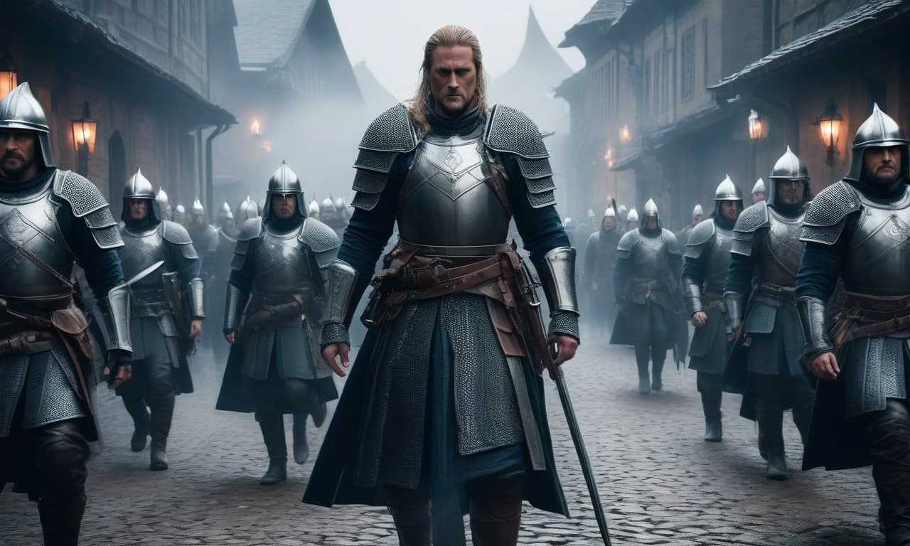  Nilfgaard's Army hyperrealistic, full body, detailed clothing, highly detailed, cinematic lighting, stunningly beautiful, intricate, sharp focus, f/1. 8, 85mm, (centered image composition), (professionally color graded), ((bright soft diffused light)), volumetric fog, trending on instagram, trending on tumblr, HDR 4K, 8K