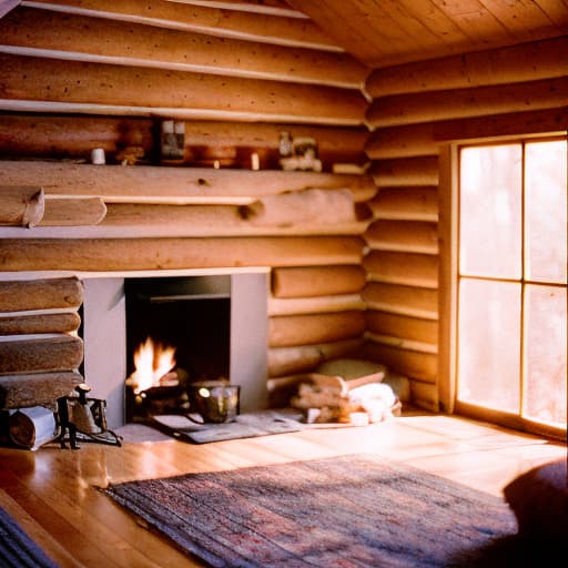 analog style "In the room of a cabin, a cozy fireplace."