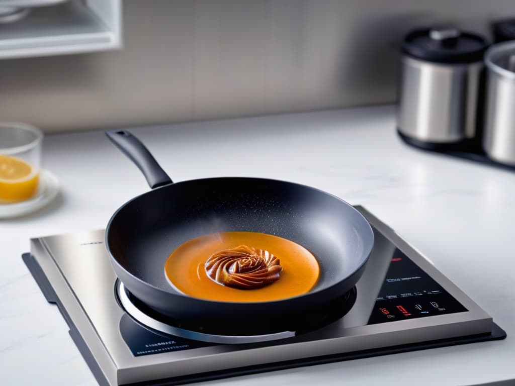  An ultradetailed image of a sleek, modern induction cooktop with a vibrant, bubbling pot of caramel simmering on top. The cooktop is set against a backdrop of a contemporary kitchen with clean lines and minimalist design elements, showcasing the precision and innovation of induction technology in pastry making. hyperrealistic, full body, detailed clothing, highly detailed, cinematic lighting, stunningly beautiful, intricate, sharp focus, f/1. 8, 85mm, (centered image composition), (professionally color graded), ((bright soft diffused light)), volumetric fog, trending on instagram, trending on tumblr, HDR 4K, 8K