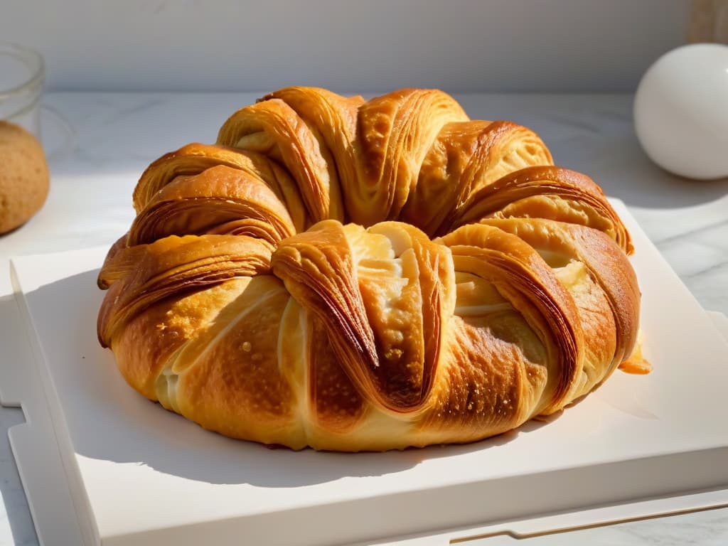  A closeup, ultradetailed image of a perfectly golden croissant, freshly baked and flaky, resting on a sleek, modern marble countertop. The layers of the croissant are visible, showcasing the expertly crafted pastry. The lighting is soft and natural, highlighting the buttery sheen of the croissant, enticing viewers with its decadent appeal. hyperrealistic, full body, detailed clothing, highly detailed, cinematic lighting, stunningly beautiful, intricate, sharp focus, f/1. 8, 85mm, (centered image composition), (professionally color graded), ((bright soft diffused light)), volumetric fog, trending on instagram, trending on tumblr, HDR 4K, 8K