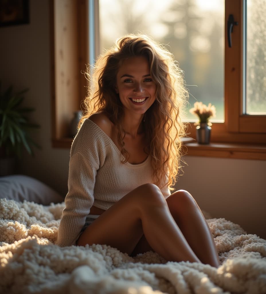  good quality, high quality, beautiful norwegian woman, she has a slightly big pointy nose ((long frizzy natural hair)) (she wears a knitted crop top and shorts) she sits smiling on (a curly sheepskin) in bed, warm evening light through a window in a rural house