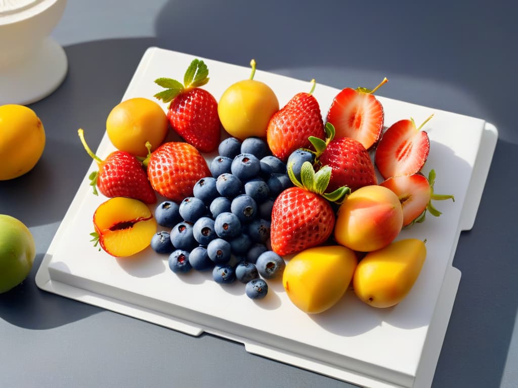  A minimalist, ultradetailed image of a colorful array of organic fruits like ripe strawberries, juicy peaches, vibrant blueberries, and golden mangoes arranged in a perfect gradient on a sleek, white marble countertop. Each fruit glistens with freshness, showcasing their natural beauty and inviting the viewer to indulge in the sweetness of nature. The lighting is soft, casting gentle shadows that enhance the textures and colors of the fruits, making them appear almost lifelike and tempting. hyperrealistic, full body, detailed clothing, highly detailed, cinematic lighting, stunningly beautiful, intricate, sharp focus, f/1. 8, 85mm, (centered image composition), (professionally color graded), ((bright soft diffused light)), volumetric fog, trending on instagram, trending on tumblr, HDR 4K, 8K