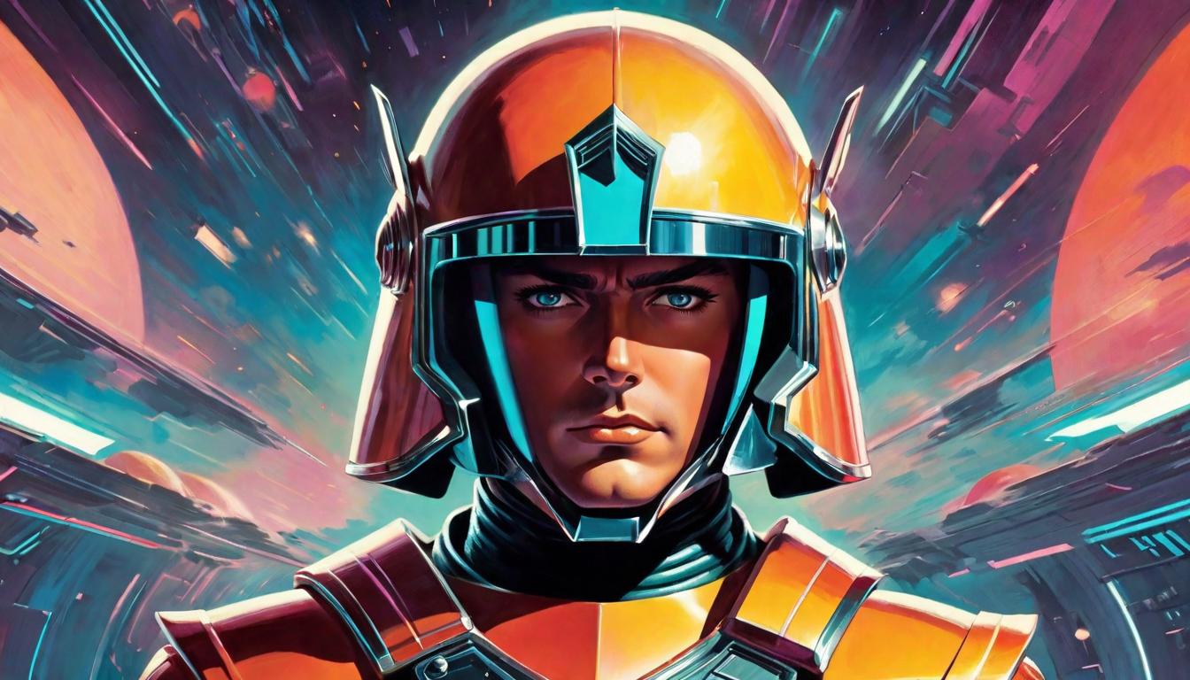  retro futuristic A warrior's helmet, visor lifted to reveal eyes full of empathy and resolve, metaphor for battling mental health with courage, Battling, empathetic, resilient lvintage sci fi, 50s and 60s style, atomic age, vibrant, highly detailed