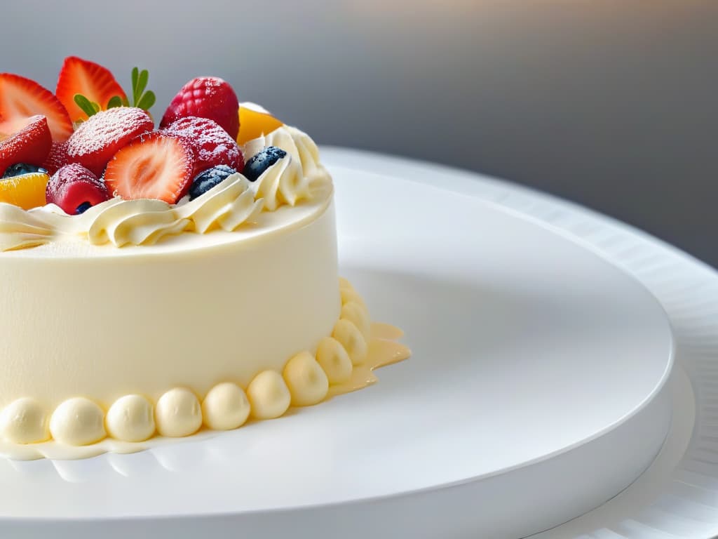  A closeup, ultradetailed image of a smooth, glossy cream being poured onto a perfectly baked dessert, showcasing the flawless texture achieved through the use of effective thickeners in pastry making. The cream flows elegantly, forming a seamless, luxurious coating over the dessert, with every detail of the dessert's surface and the cream's consistency captured in stunning clarity. The lighting is soft yet highlighting the richness of the cream, emphasizing the expertise and precision involved in creating lumpfree creams and sauces in pastry. hyperrealistic, full body, detailed clothing, highly detailed, cinematic lighting, stunningly beautiful, intricate, sharp focus, f/1. 8, 85mm, (centered image composition), (professionally color graded), ((bright soft diffused light)), volumetric fog, trending on instagram, trending on tumblr, HDR 4K, 8K