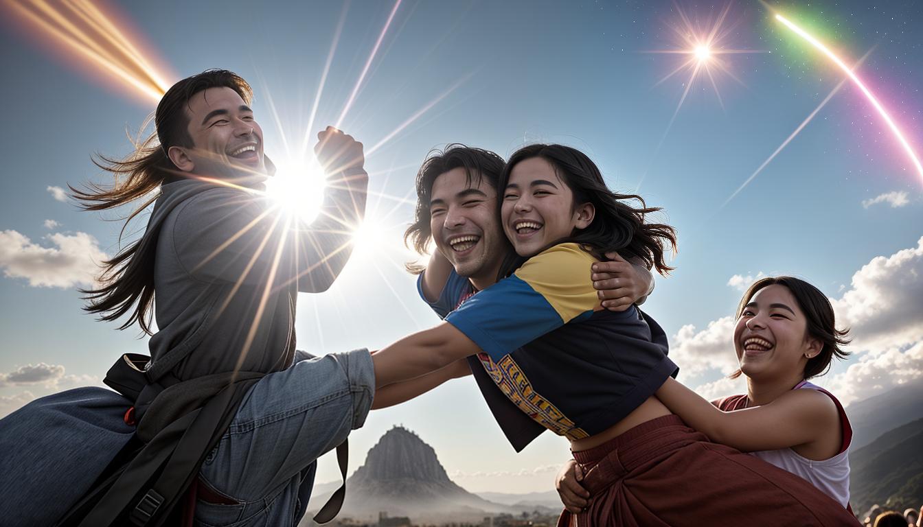  cinematic, aesthetic, A joyful person lifting another up into the air, both smiling brightly, pure joy in their faces, energy bursts around them, shared happiness, uplifting moment, bright exuberant colors, 4k, HDR, lens flare