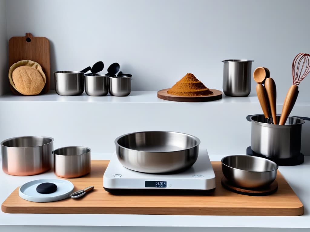  A minimalistic and sleek image showcasing a pristine white marble countertop with an array of premium baking tools neatly organized: a set of highquality stainless steel mixing bowls, a stack of precision measuring cups, a sleek digital kitchen scale, a set of elegant wooden spoons, a shiny copper whisk, and a row of professionalgrade piping tips. The soft, natural lighting enhances the luxurious feel of the scene, highlighting the craftsmanship and precision associated with toptier baking equipment. hyperrealistic, full body, detailed clothing, highly detailed, cinematic lighting, stunningly beautiful, intricate, sharp focus, f/1. 8, 85mm, (centered image composition), (professionally color graded), ((bright soft diffused light)), volumetric fog, trending on instagram, trending on tumblr, HDR 4K, 8K