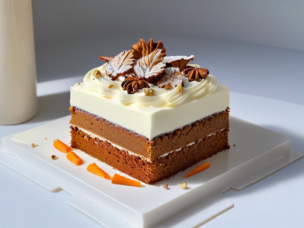  A closeup, ultradetailed image of a slice of carrot cake with a thick layer of cream cheese frosting on top, garnished with finely chopped walnuts and a sprinkle of cinnamon, placed on a delicate ceramic plate with subtle floral patterns. The frosting is meticulously swirled, showcasing a glossy texture, and the walnuts are perfectly arranged to add a touch of elegance to the composition. The warm golden tones of the cake contrast beautifully with the cool white of the frosting, creating a visually stunning and appetizing image. hyperrealistic, full body, detailed clothing, highly detailed, cinematic lighting, stunningly beautiful, intricate, sharp focus, f/1. 8, 85mm, (centered image composition), (professionally color graded), ((bright soft diffused light)), volumetric fog, trending on instagram, trending on tumblr, HDR 4K, 8K