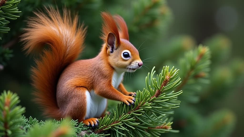  good quality, high quality, vibrant red squirrel amongst the lush greenery of a fir tree