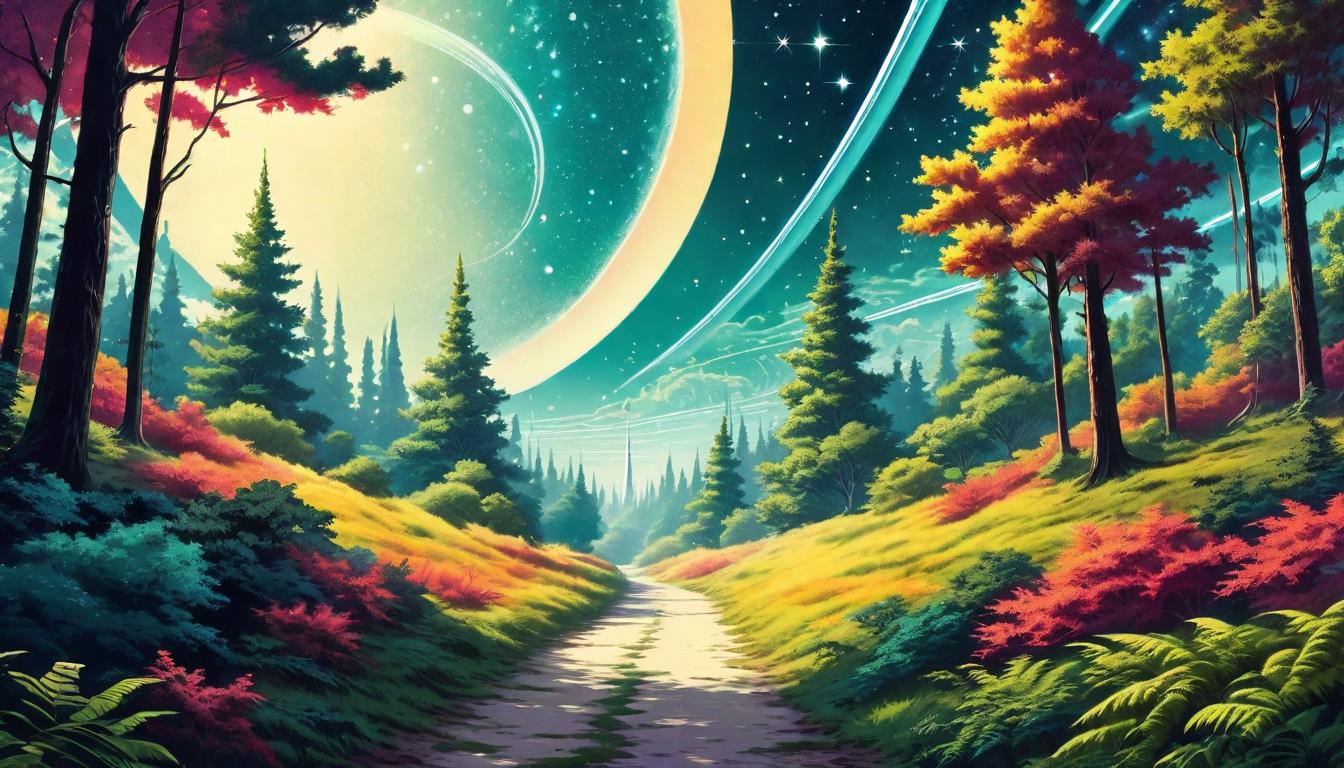  retro futuristic a forest clearing with a path leading upwards towards a star filled sky, trees arching overhead, a symbolic journey from terrestrial to celestial, convergence of earth and cosmos lvintage sci fi, 50s and 60s style, atomic age, vibrant, highly detailed