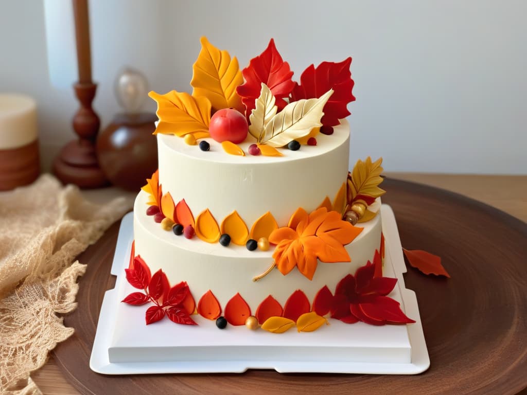  An ultradetailed image of an elegant autumnthemed cake decorated with intricately crafted fondant leaves in rich shades of orange, red, and gold. The cake is set on a sleek white platter against a backdrop of rustic wooden table, with soft natural lighting casting gentle shadows that highlight the exquisite details of the edible masterpiece. hyperrealistic, full body, detailed clothing, highly detailed, cinematic lighting, stunningly beautiful, intricate, sharp focus, f/1. 8, 85mm, (centered image composition), (professionally color graded), ((bright soft diffused light)), volumetric fog, trending on instagram, trending on tumblr, HDR 4K, 8K