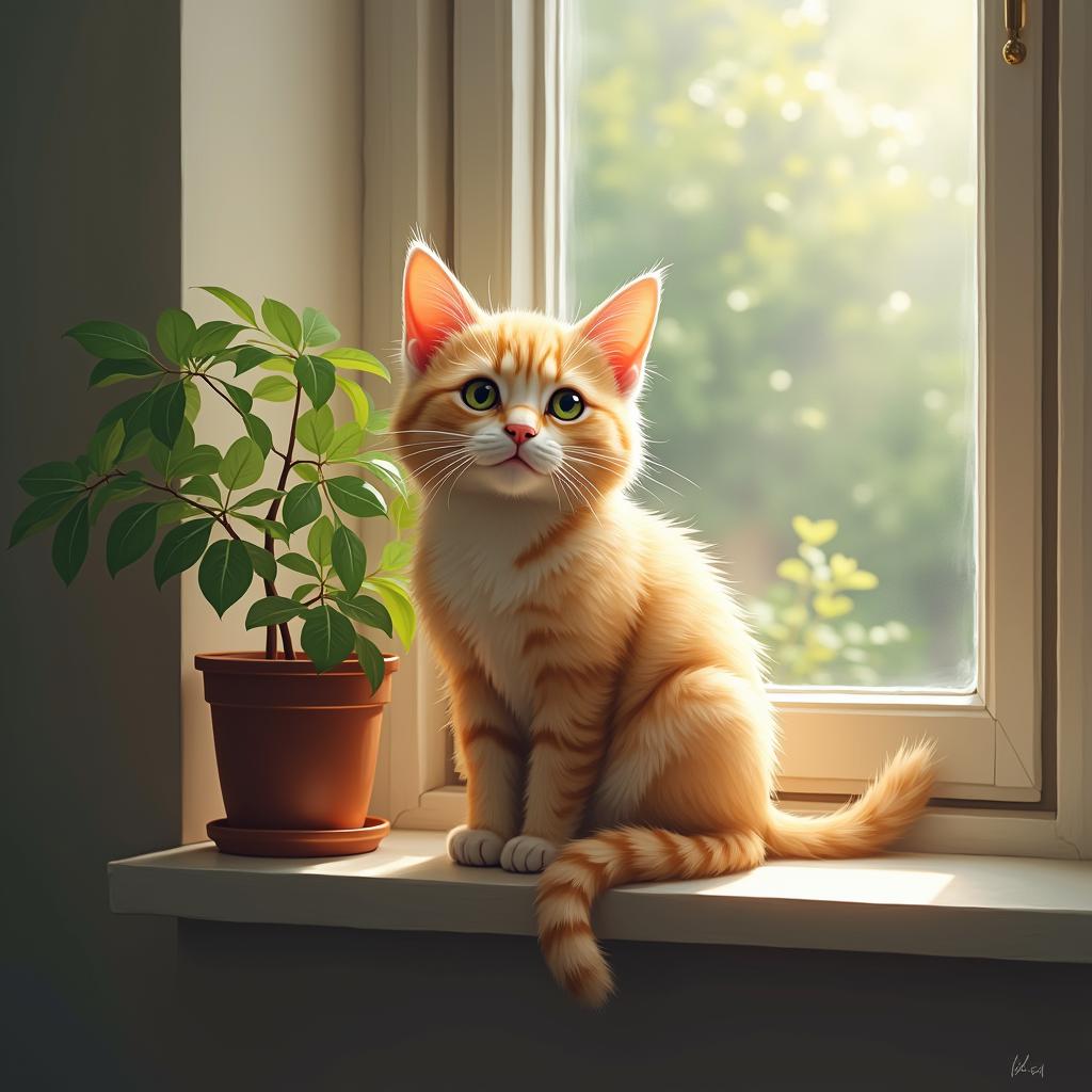  draw a cute cat sitting on a windowsill with a potted plant next to it. hyperrealistic, full body, detailed clothing, highly detailed, cinematic lighting, stunningly beautiful, intricate, sharp focus, f/1. 8, 85mm, (centered image composition), (professionally color graded), ((bright soft diffused light)), volumetric fog, trending on instagram, trending on tumblr, HDR 4K, 8K