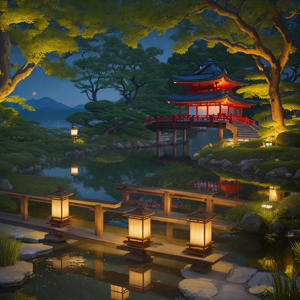  masterpiece, best quality, (fidelity:1.4), best quality, masterpiece, ultra high resolution, 8k resolution, night view inspired by Japanese art, featuring a garden illuminated by paper lanterns and a wooden bridge spanning a tranquil lake with a small Zen temple beside the lake.