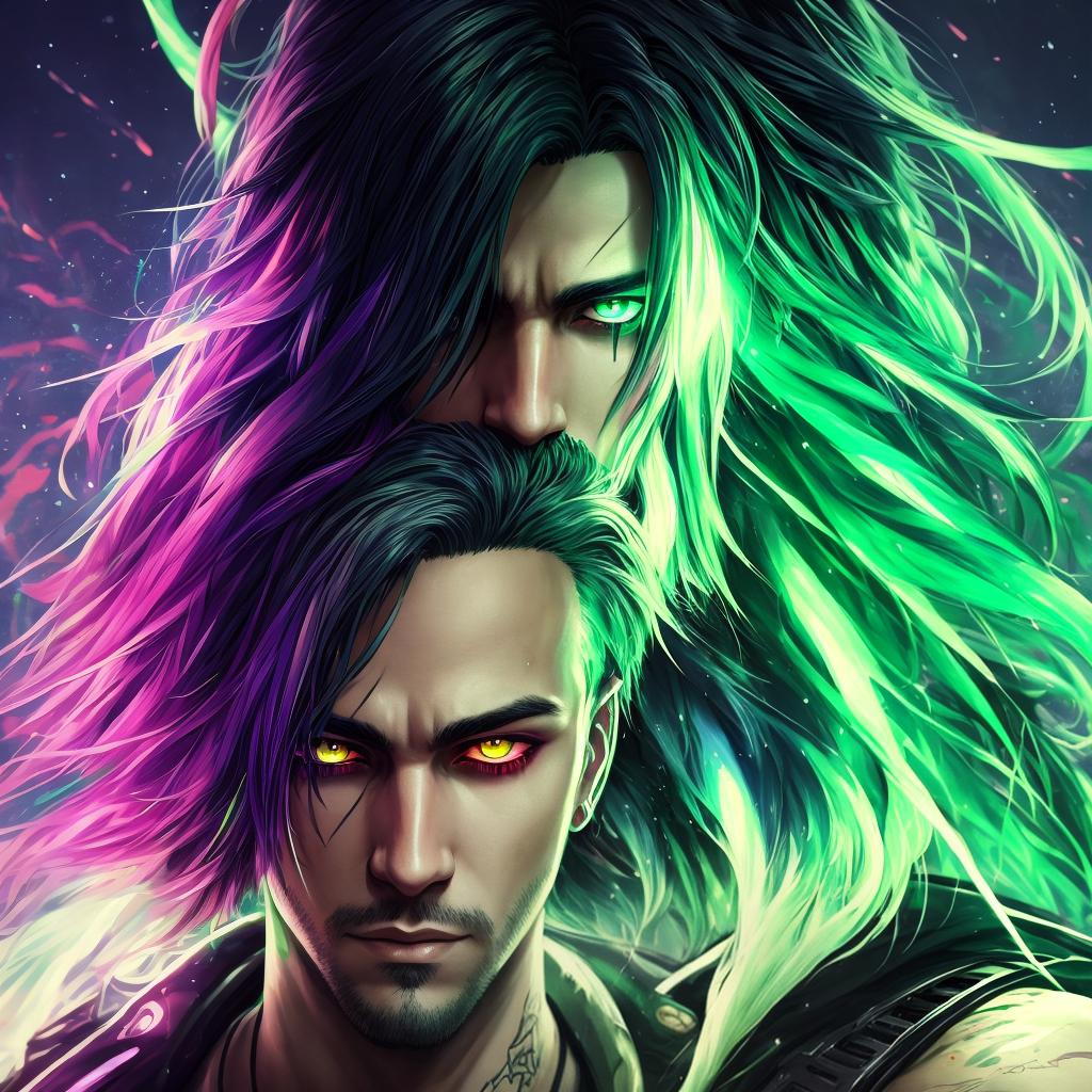  with psychedelic colors, a highly detailed portrait of a man with dark green hair and green glowing eyes, high detail clothing, concept art, anime, artstation, professional
