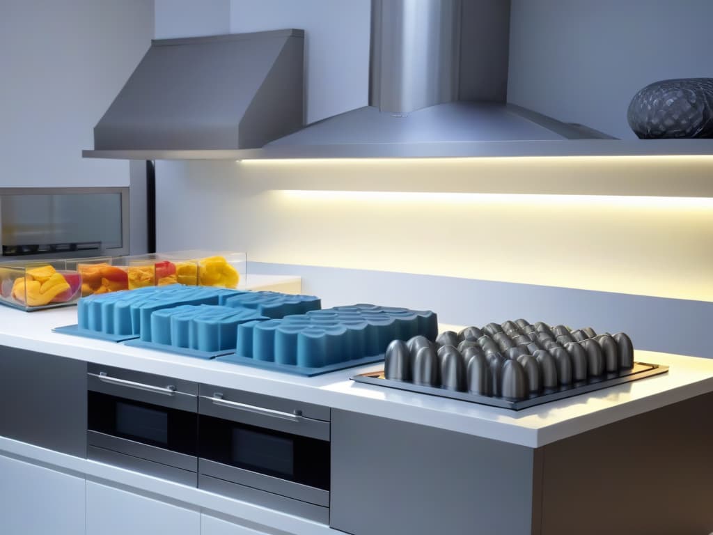  A photorealistic image of a sleek, modern kitchen countertop showcasing a variety of intricately designed silicone molds next to traditional metal molds. The silicone molds are brightly colored and flexible, while the metal molds are sturdy and classic in design. The lighting is perfect, highlighting the textures and details of each mold, emphasizing the contrast between the two materials. This image conveys a sense of professionalism and innovation in the world of baking and cooking. hyperrealistic, full body, detailed clothing, highly detailed, cinematic lighting, stunningly beautiful, intricate, sharp focus, f/1. 8, 85mm, (centered image composition), (professionally color graded), ((bright soft diffused light)), volumetric fog, trending on instagram, trending on tumblr, HDR 4K, 8K