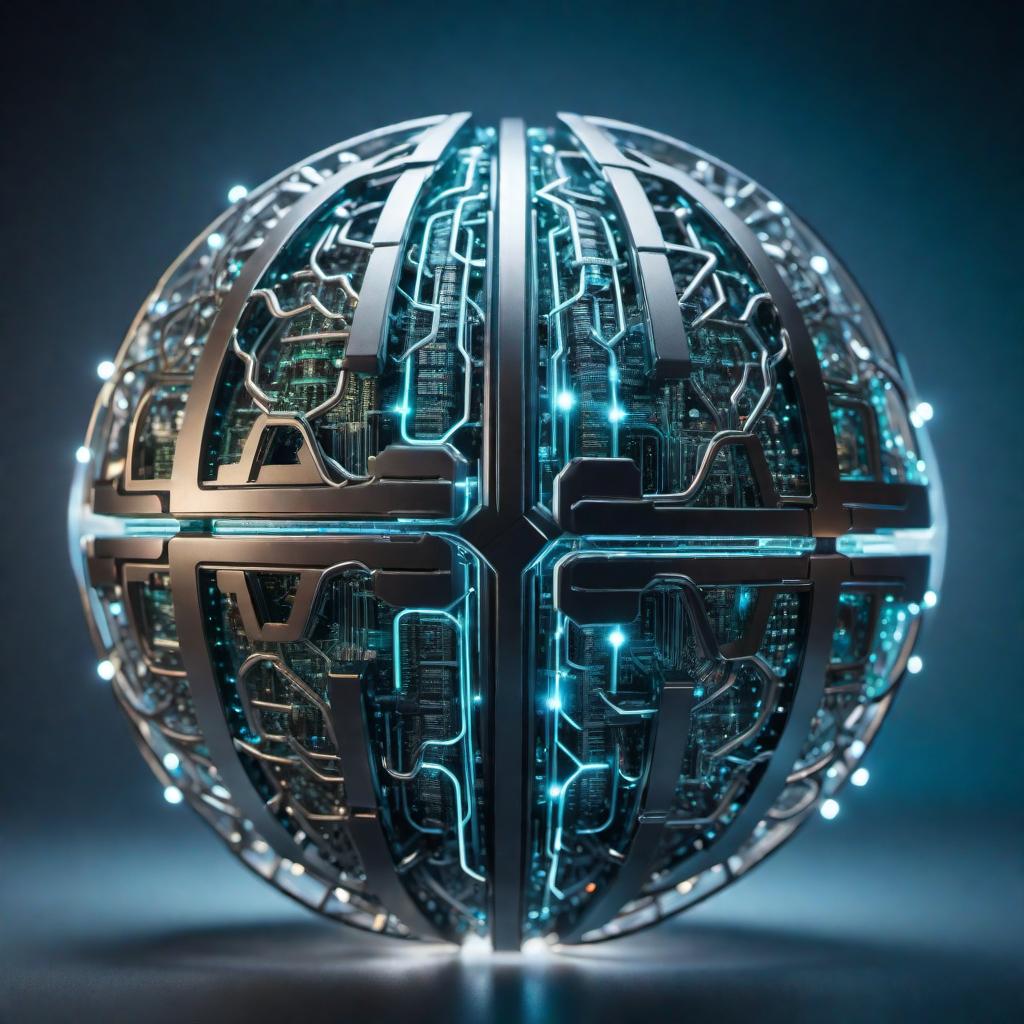  A futuristic orb resembling a brain made of interconnected metallic circuits and digital pathways. The orb should have a glowing, pulsating core with soft blue and green hues. The surface looks like a complex network of tiny conduits and nodes, creating a high-tech, sci-fi appearance. The background should be a sleek, minimalist grey or dark color to highlight the luminescence and intricate details of the orb, giving it an aura of intelligence and advanced technology. hyperrealistic, full body, detailed clothing, highly detailed, cinematic lighting, stunningly beautiful, intricate, sharp focus, f/1. 8, 85mm, (centered image composition), (professionally color graded), ((bright soft diffused light)), volumetric fog, trending on instagram, trending on tumblr, HDR 4K, 8K