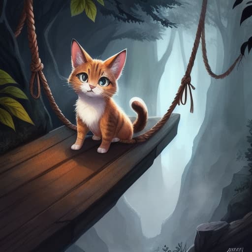  watercolor, storybook, child-book, A cute anthropomorphic cat using a rope bridge to cross a small chasm in the dark forest, looking determined, stars twinkling above, cute anthropomorphic cat, rope bridge, small chasm, best quality, very detailed, high resolution, sharp, sharp image hyperrealistic, full body, detailed clothing, highly detailed, cinematic lighting, stunningly beautiful, intricate, sharp focus, f/1. 8, 85mm, (centered image composition), (professionally color graded), ((bright soft diffused light)), volumetric fog, trending on instagram, trending on tumblr, HDR 4K, 8K