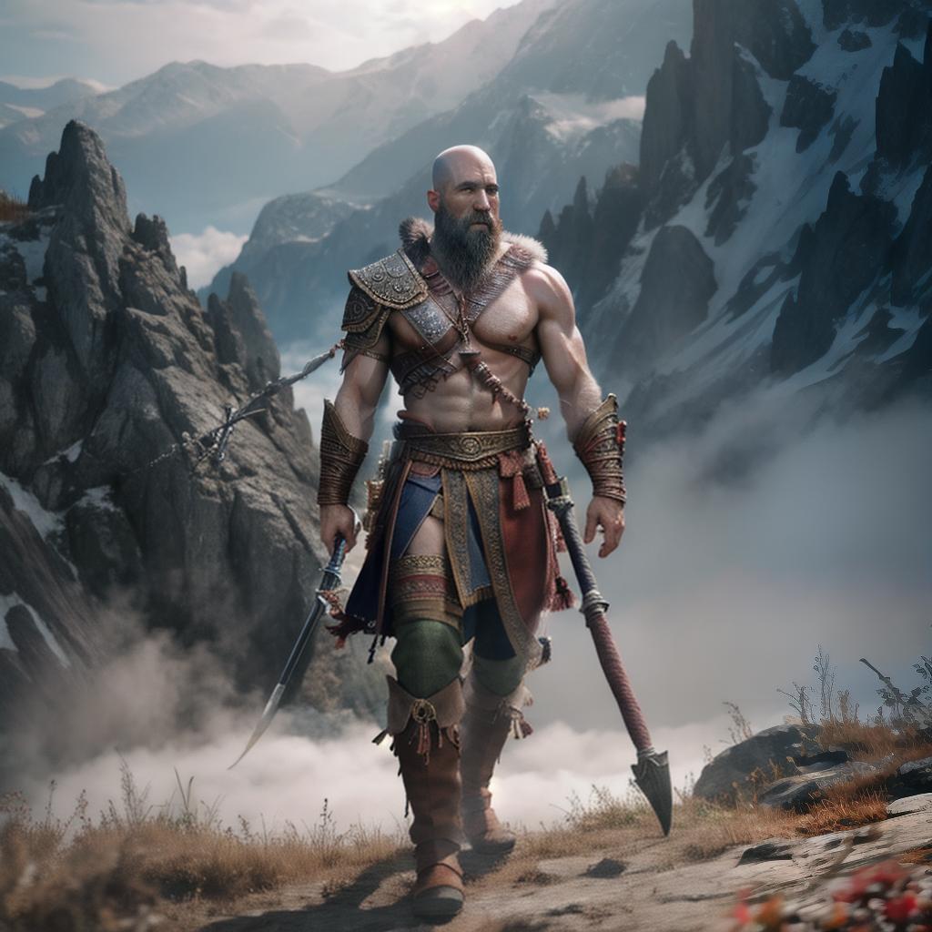  God of war hyperrealistic, full body, detailed clothing, highly detailed, cinematic lighting, stunningly beautiful, intricate, sharp focus, f/1. 8, 85mm, (centered image composition), (professionally color graded), ((bright soft diffused light)), volumetric fog, trending on instagram, trending on tumblr, HDR 4K, 8K