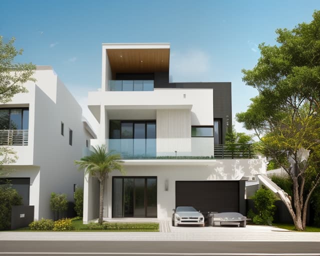  Modern villa exterior architecture, daylight hours, beautiful modern materials, bright colors in harmony with the surrounding landscape