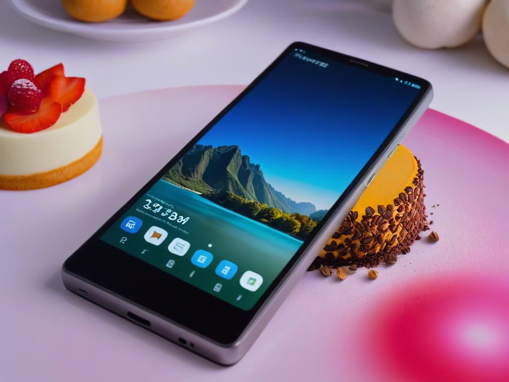  A highresolution image of a sleek, modern smartphone displaying a variety of colorful and intricately designed international desserts on its screen. The background is a soft, blurred gradient of pastel colors, emphasizing the vibrant and exotic nature of the global flavors being explored through the pastry apps. Each dessert is meticulously crafted and visually appealing, showcasing the diverse cultural influences and culinary artistry available at users' fingertips. hyperrealistic, full body, detailed clothing, highly detailed, cinematic lighting, stunningly beautiful, intricate, sharp focus, f/1. 8, 85mm, (centered image composition), (professionally color graded), ((bright soft diffused light)), volumetric fog, trending on instagram, trending on tumblr, HDR 4K, 8K