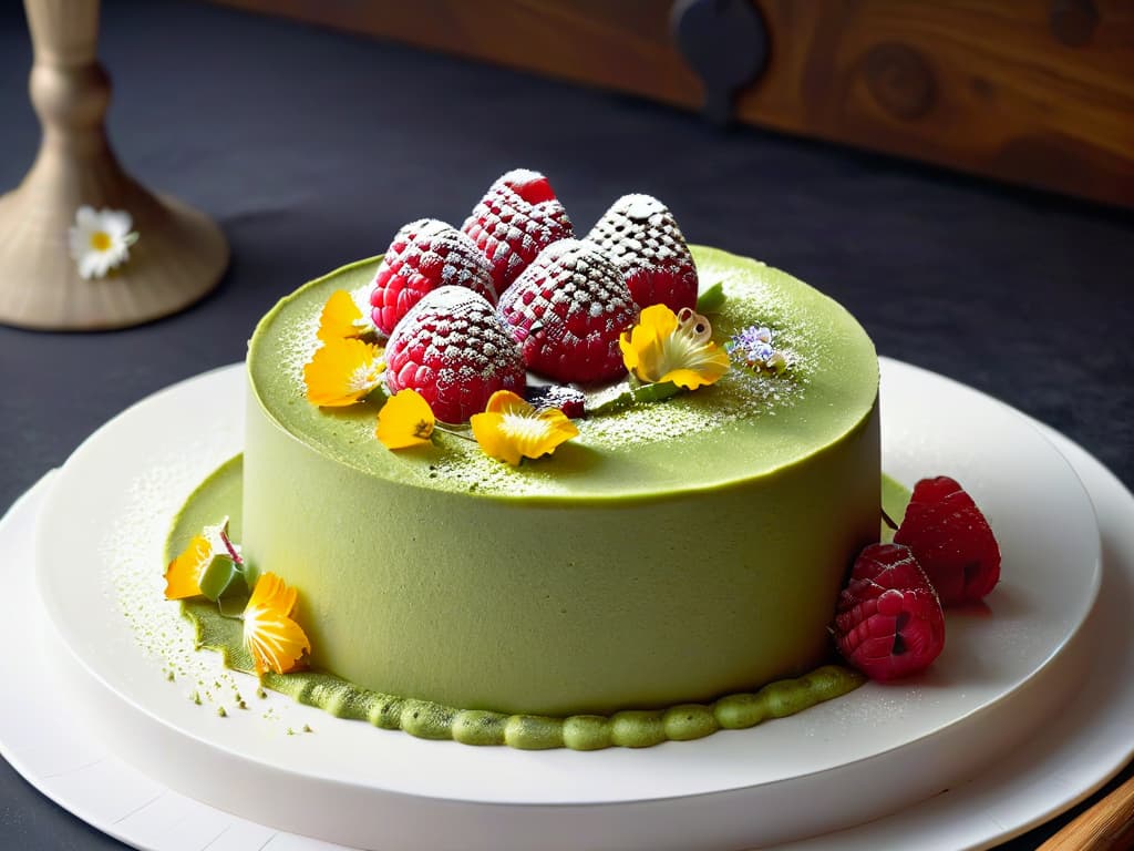  An ultradetailed, 8k resolution image of a beautifully crafted vegan matcha green tea cheesecake garnished with fresh raspberries and edible flowers, set on a sleek, modern white plate against a black background. The cheesecake is perfectly sliced to reveal its creamy texture and intricate layers, showcasing the artistry and elegance of vegan Asian desserts. hyperrealistic, full body, detailed clothing, highly detailed, cinematic lighting, stunningly beautiful, intricate, sharp focus, f/1. 8, 85mm, (centered image composition), (professionally color graded), ((bright soft diffused light)), volumetric fog, trending on instagram, trending on tumblr, HDR 4K, 8K