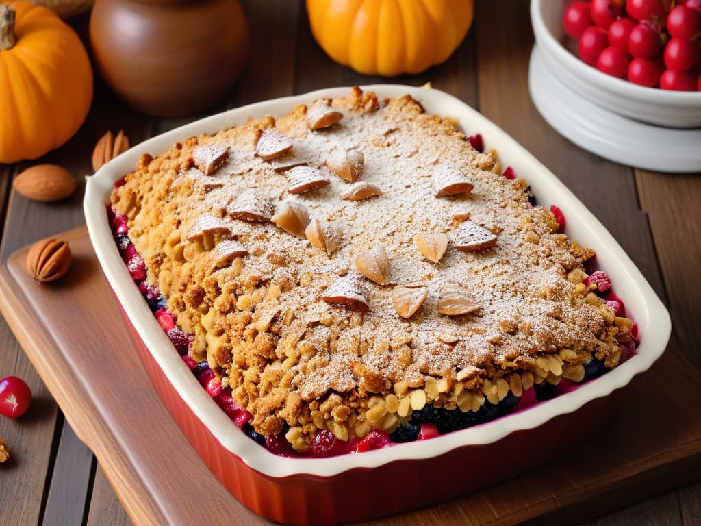  A closeup, highresolution image of a freshly baked crumble de frutos rojos, showcasing a goldenbrown crumble topping made of oats and almonds, with a mix of juicy red berries peeking through the crispy layer, placed on a rustic wooden table with a light, softfocus background featuring autumn leaves in warm hues of red, orange, and yellow. The focus is on the texture and colors of the dessert, highlighting the seasonal ingredients and inviting the viewer to indulge in the delicious otoñal treat. hyperrealistic, full body, detailed clothing, highly detailed, cinematic lighting, stunningly beautiful, intricate, sharp focus, f/1. 8, 85mm, (centered image composition), (professionally color graded), ((bright soft diffused light)), volumetric fog, trending on instagram, trending on tumblr, HDR 4K, 8K