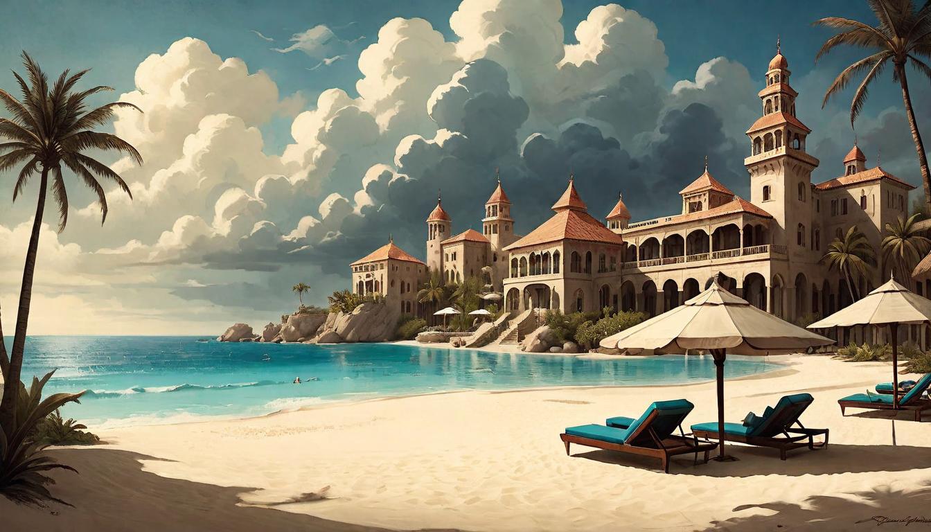  on parchment, surrealism+++, A lavish beach resort with extravagant amenities, vacationers lounging in splendor, but shadows cast by towering, ominous clouds, luxurious, foreboding, extravagant(mysterious, provocative, symbolic,muted color)+++